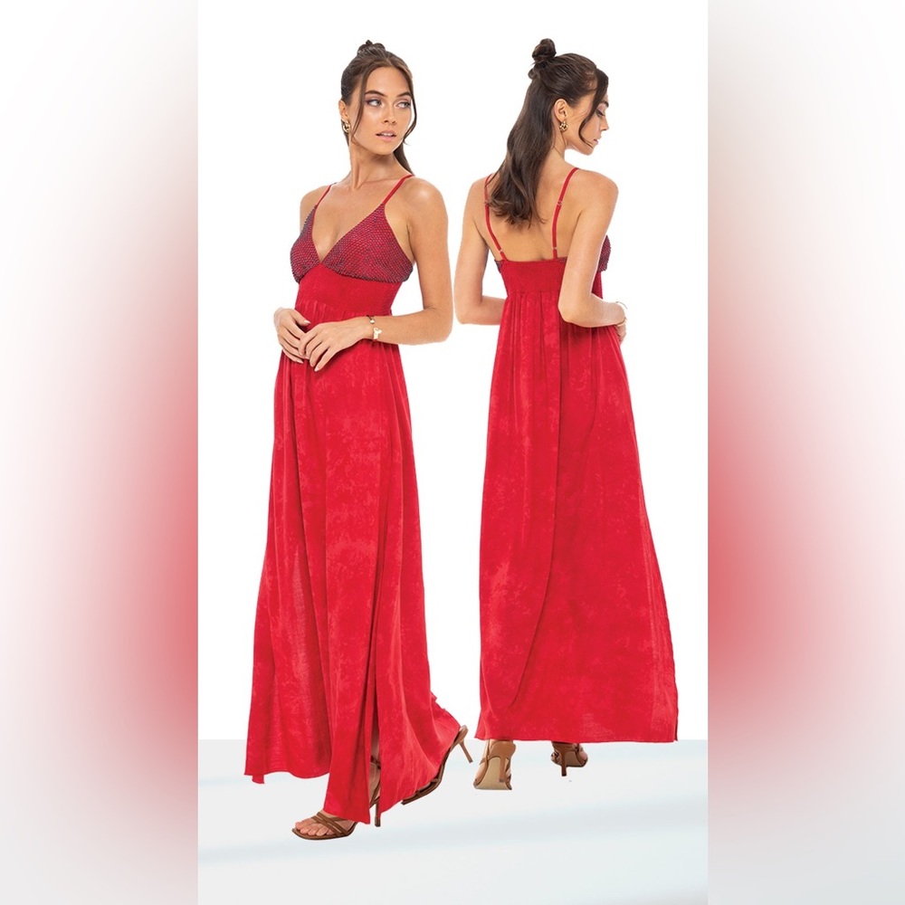 KHUSH Lumiere Beaded Red-on-Red Tie Dye Maxi Dress Size X-Small